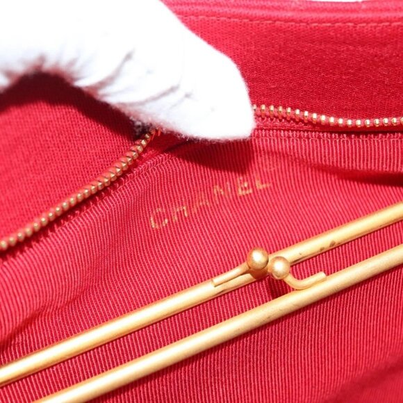 CHANEL Chain Shoulder Bag Cotton Vintage Red Gold CC Auth - Picture 12 of 15